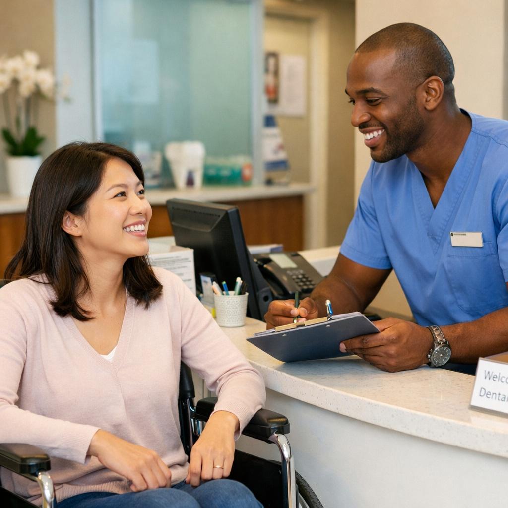 Dental patient in wheelchair and front desk worker at dental office talking and smiling.